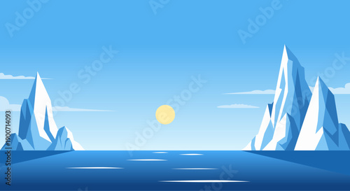 Minimalist Arctic Landscape with Floating Icebergs and Sun over Blue Ocean