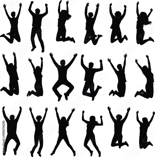 Black flat vector silhouettes of people jumping with raised hands showing happiness joy freedom celebration energy success motivation