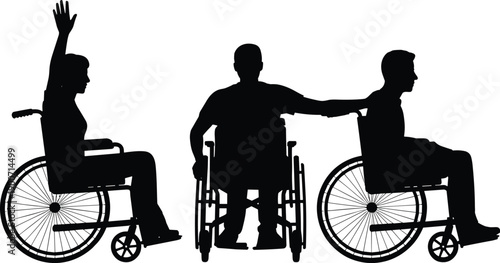 People in wheelchairs silhouettes, disability accessibility concept, inclusive mobility support, healthcare rehabilitation awareness, flat vector illustration