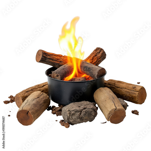 A roaring campfire surrounded by logs in a rustic outdoor setting isolated on transparent background