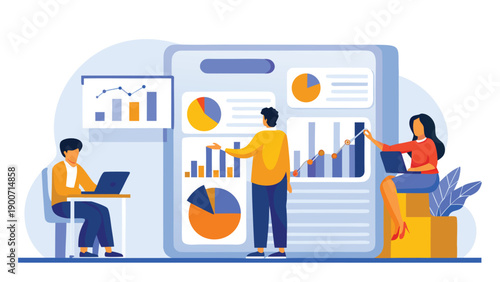 Vector illustration of people analyzing data on a large mobile phone and computer screens, for presentation or website, isolated on transparent background, png
