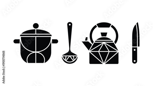 A set of kitchen utensils and cookware on a white background