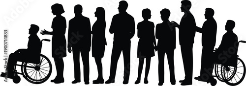 People waiting in queue silhouettes with wheelchair users inclusive diversity concept flat vector illustration isolated on white background social accessibility