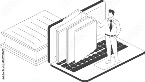 Isometric businessman standing next to laptop with documents, for website or presentation illustration, isolated on transparent background, png