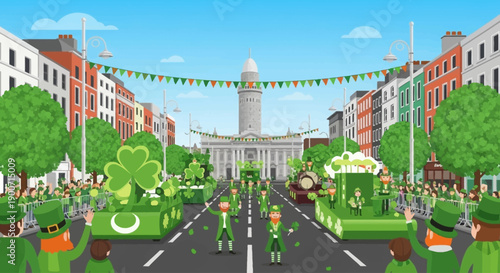 This flat design illustration depicts a lively St. Patrick's Day parade on O'Connell Street in Dublin, capturing the city's festive spirit with iconic landmarks. 