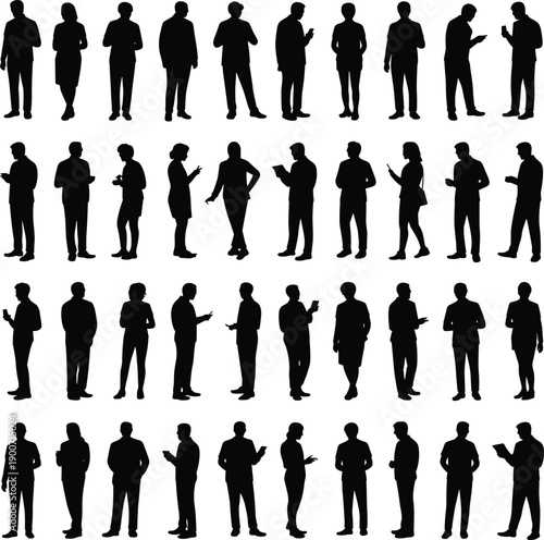 Black silhouette collection of business people standing and using smartphones showing modern communication technology professional lifestyle and corporate work culture