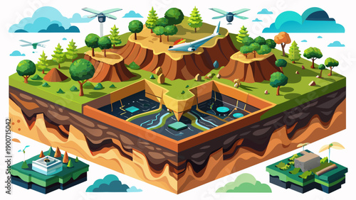 Very beautiful drone image revealing underground soil sections with exposed rocks and tree roots, illustrating geological layers, natural structures, and Earth’s hidden ecosystems.