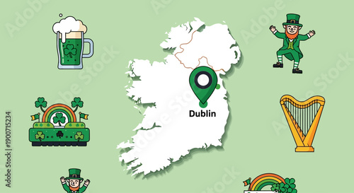 This informative flat design illustration presents a map of Ireland, highlighting Dublin, surrounded by festive St. Patrick's Day celebration icons.