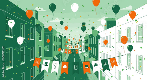 This festive flat design illustration captures a lively St. Patrick's Day street celebration in Dublin, complete with falling confetti and cheerful decorations.