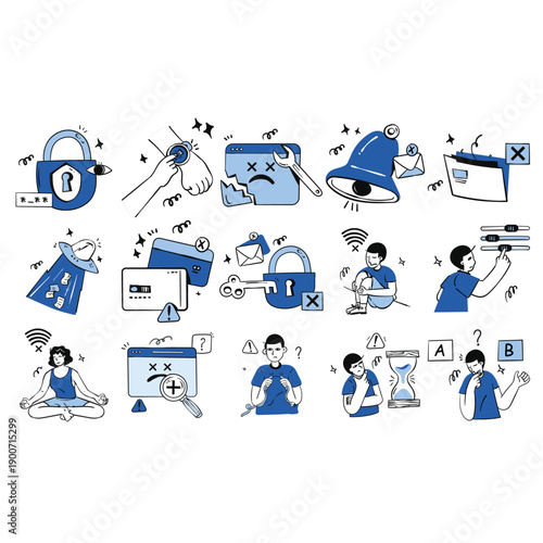 Professional IT support illustration set for web development and app UI, featuring assorted decorative system failure graphics and user authentication security doodles in a clean vector style.