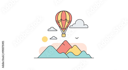Colorful hot air balloon soaring above the mountain peaks with clouds and sun.
