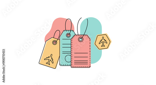 Colorful travel tags with airplane symbols perfect for luggage identification and travel.