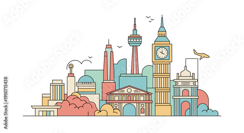Colorful illustration of famous buildings and landmarks from around the world.