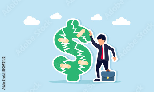 Sad businessman repairing broken dollar symbol with bandage illustration of failure in business financial management