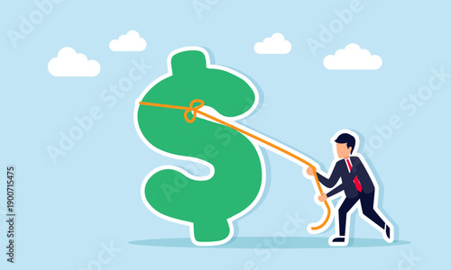Businessman pulling dollar symbol with rope to make it stand illustration of effort to achieve stable financial condition