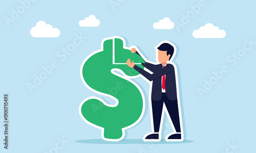 Businessman completing dollar icon puzzle illustration of effort to achieve stable financial condition