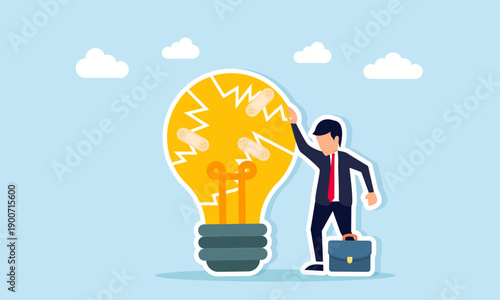 Sad businessman standing near cracked lightbulb repaired with tape illustration of failure in executing business ideas