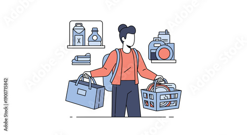 Person carrying bags and basket ready for shopping or travel illustration style.