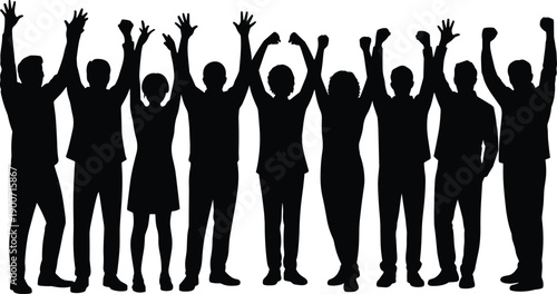 Business team silhouette people celebrating success unity teamwork achievement concept, corporate global professional flat vector illustration isolated on white background