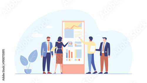 Vector illustration of four people discussing in front of a large screen display with graphs and charts, for presentation or website, isolated on light blue background