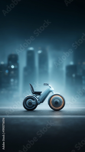 Solitary autonomous wheelchair and mobility scooter with futuristic technology stands in blue city at night, vision of modern transport