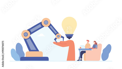 Vector illustration of robotic arm with lightbulb and teamwork concept for innovation or technology banner