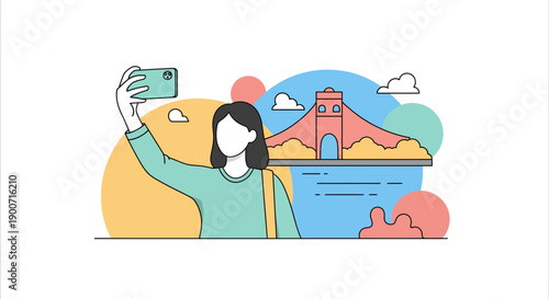 Woman taking a selfie with a bridge in the background travel concept.