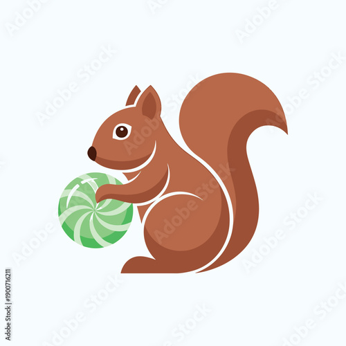 Cute cartoon squirrel holding a green striped ball.
