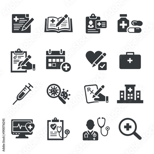 Medical And Healthcare solid Icons Set. Hospital, Doctor, Prescription, Diagnosis, Filled vector 