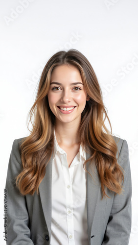 A caucasian woman, 24 years old, with long wavy brown hair, wearing a gray suit and a white shirt, smiling in a white background