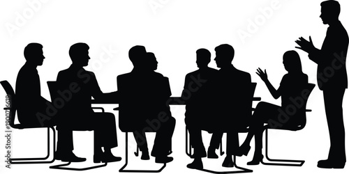 Business team meeting presentation silhouette, corporate conference discussion concept, professional office collaboration scene, leadership briefing session, flat vector illustration