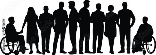 Diverse people silhouettes standing together, inclusive community with wheelchair users, equality diversity social unity concept, flat vector illustration