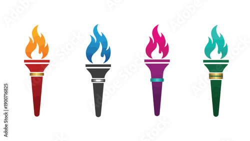 A set of colorful torches with vibrant flames on white background
