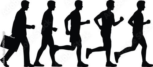 Man transformation from office worker to runner silhouette showing lifestyle change progress motivation fitness success concept, flat vector illustration