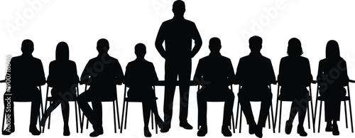 Business leadership concept with standing leader and seated team silhouettes, corporate meeting, teamwork, management, authority, presentation design flat vector illustration
