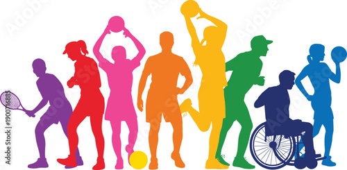 Colorful sports silhouettes illustration, diverse athletes playing games, inclusive fitness activities, wheelchair sports representation, modern flat vector artwork design graphic