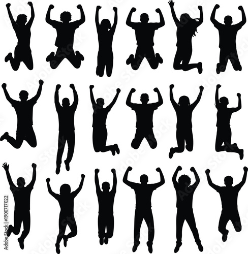 Black flat vector silhouettes of people jumping with raised arms celebrating victory joy energy success motivation and positive lifestyle