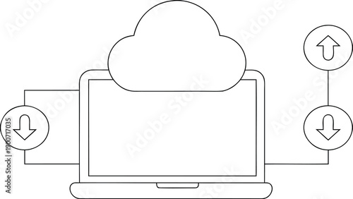 Vector cloud computing icon, laptop with cloud upload and download symbols, line art style, for website or app UI, isolated on transparent background, png
