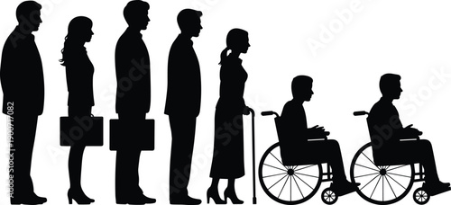 Diverse people standing in line with wheelchair users silhouette, inclusion and accessibility concept, equal opportunity community scene, flat vector illustration