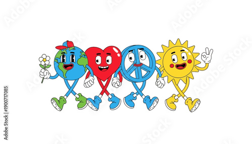A colorful cartoon illustration of Earth, heart, peace sign, and sun characters
