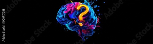 A vibrant, artistic depiction of a brain intertwined with colorful splashes and a question mark, symbolizing curiosity and creativity.