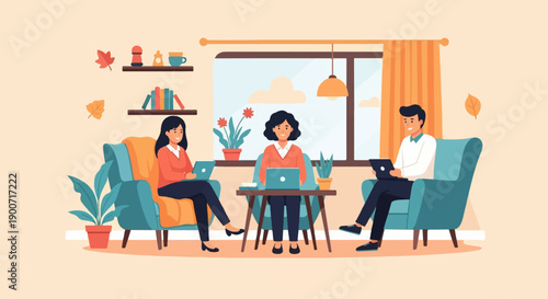 Three people in a cozy room using laptops, autumn leaves outside