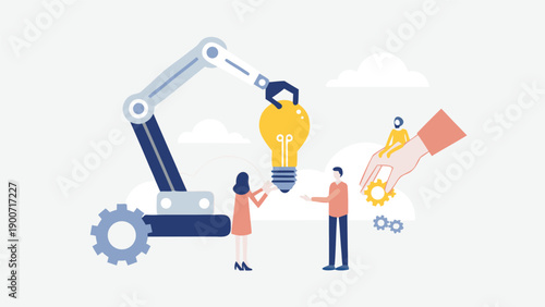 Vector illustration of people working with robotic arm and light bulb, idea generation for innovation or technology concept, for website or presentation