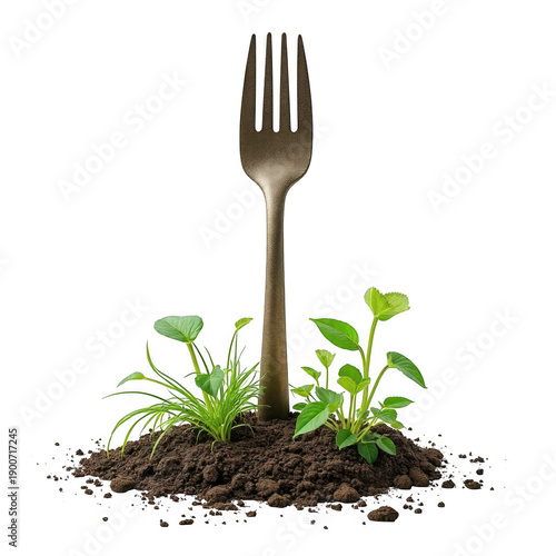 A fork with soil and sprouting plants symbolizing growth and sustainability isolated on transparent background