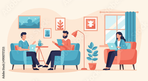 Three people in a cozy room, working on laptops and tablets