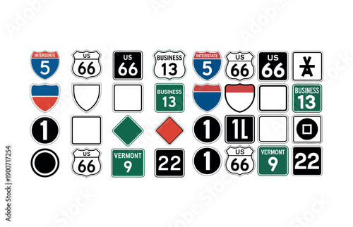 Assorted US road signs including interstate and business routes traffic sign highway sign