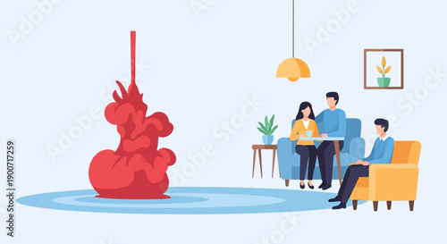 Three people in a living room near a red abstract shape and a plant