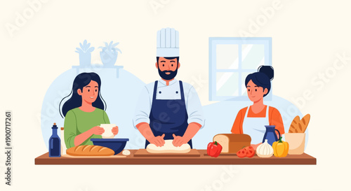 Three people in a kitchen prepare food, with a chef kneading dough