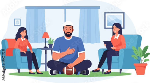 Three people in a living room, one holding a football, with a plant and art