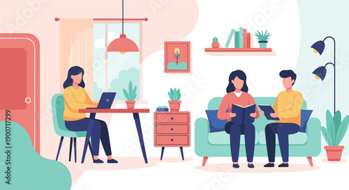 Three people in a living room, one working, two reading